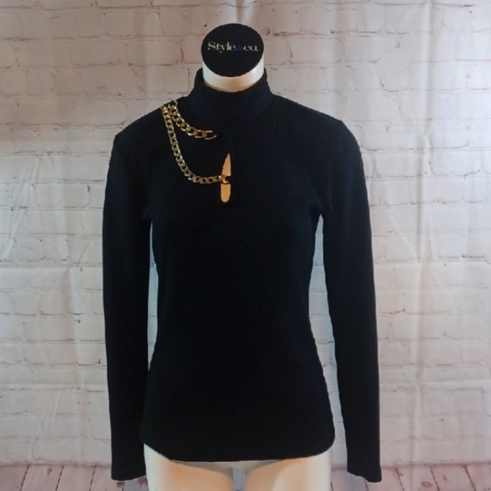 Y2K INC Concepts Black Ribbed Body Con Old Money Turtleneck Long SleeveTop S